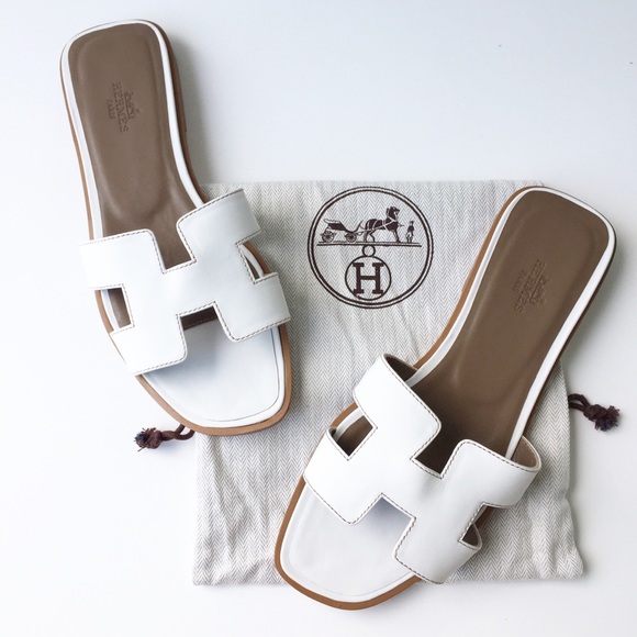Hermes Shoes - Hermes White Oran Sandals with Dust Bags